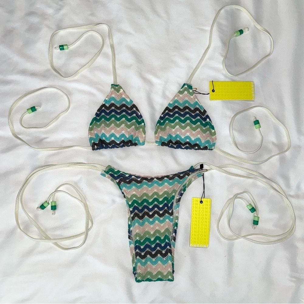 NWT OneOne Swimwear Bikini Set Ithaca Knit Crochet Medium XS New Blue Green - Picture 3 of 7